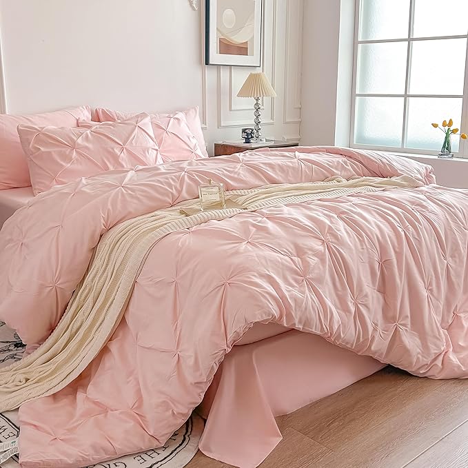 Maple&Stone Full Size Comforter Sets for Girls, 7 Pieces Bedding Sets Full, Pintuck Bed in a Bag Bed Set with Comforter, Sheets, Pillowcases & Shams - Pink