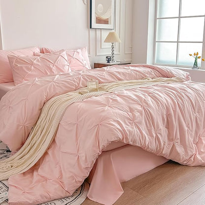 Maple&Stone Full Size Comforter Sets for Girls, 7 Pieces Bedding Sets Full, Pintuck Bed in a Bag Bed Set with Comforter, Sheets, Pillowcases & Shams - Pink