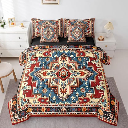 Erosebridal Oriental Bedding Set Vintage King Size Comforter Set, Art Deco Floral Bedding Comforter Sets Boho Tribal Bed in a Bag 7pcs Traditional Aesthetic Bed Set, Hippie Paisley Mandala Decor Red