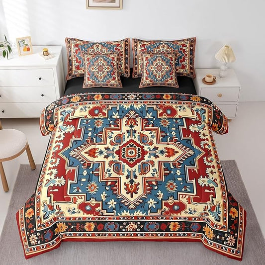 Oriental Bedding Set Vintage Full Comforter Set 7-Piece, Art Deco Floral Bedding Comforter Sets Boho Tribal Bed in a Bag Traditional Aesthetic Bed Sheets Set, Hippie Paisley Mandala Decor Red