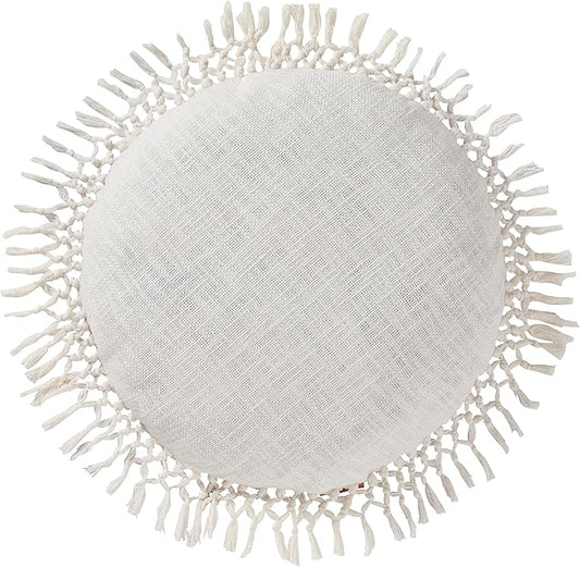 Indigo Ink - Decorative Throw Pillows for Couch or Bed, Boho Home Décor Round Cotton 20" x 20" Pillow with Tassels (Tufted Medallion Collection, Bright White)