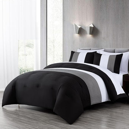 Chezmoi Collection Briar 7-Piece King Bed in a Bag - All Season Lightweight Microfiber Comforter Set - Includes Sheets & Shams - Black/Gray/White Pleated Stripe Design