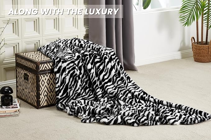 JONIYEAR Decorative Fuzzy Zebra Print Faux Rabbit Fur Throw Blanket 50" x 60",Double Sided Soft Thick Warm Shaagy Fluffy Blankets for Winter, Cute Cozy Plush Animal Blanket for Women, White and Black