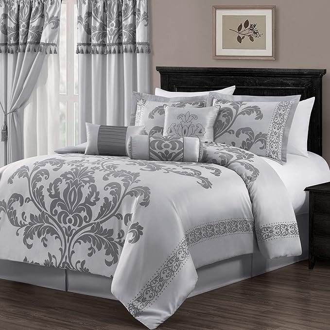 Chezmoi Collection Royale 7-Piece Jacquard Floral Comforter Set, Oversized Queen, Silver/Gray