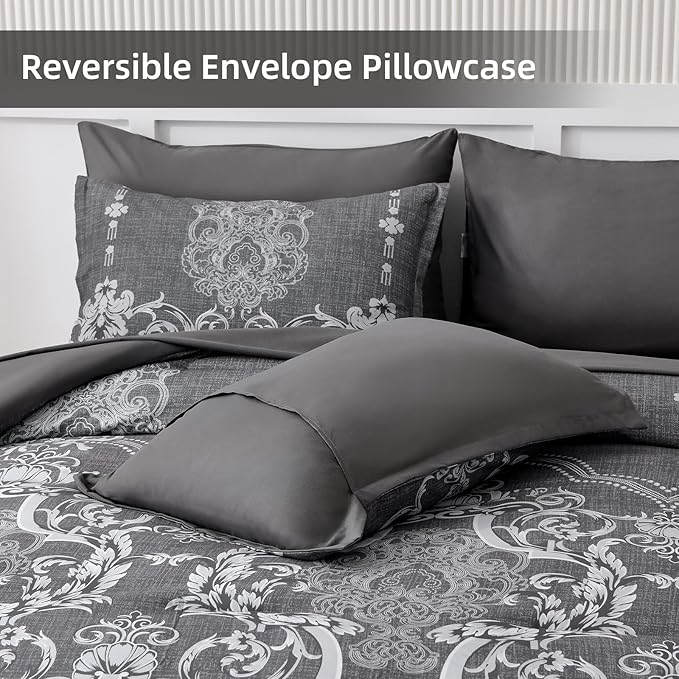 Mybedsoul 7 Pieces Grey Comforter Set Queen Size, Damask Bed in a Bag for Queen Bed, Lightweight Microfiber Boho Bedding Sets with Comforter, Sheet, Pillowcases & Shams for All Season (90"x90")
