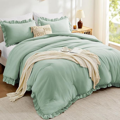 FUANNA Queen Comforter Set Sage Green, 3 Pieces Ruffle Queen Bed Set, Fluffy Bed in a Bag Queen for All Seasons, Shabby Chic Bedding Comforter Sets with 1 Lightweight Comforter & 2 Pillowshams