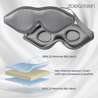 Sleep Mask Silk - 100% Mulberry Silk Eye Mask, ZOESMIEN 3D Contoured Eye Mask for Women Men, Light Blocking Side Sleeper Puffiness Dry Eyes, Unique Nose Bridge Design, Christmas Gift, Night Gray