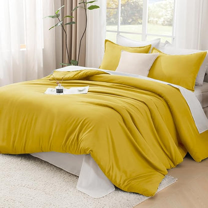 Litanika Mustard Yellow Comforter Set Full Size, 3 Pieces Lightweight Solid Bedding Comforter Set, All Season Fluffy Bed Set (79x90In Comforter & 2 Pillowcases)