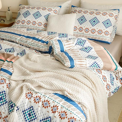 CLOTHKNOW Aztec Boho King Size Comforter Set Southwest Bedding Comforter Sets White Blue Comforter American Tribal Navajo Comforter with 2 x Pillowcases