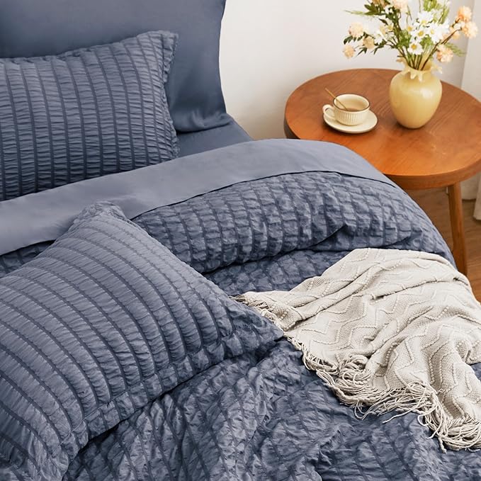 Love's cabin Seersucker Navy Blue Full Comforter Set, 7-Piece All Season Lightweight Bed in a Bag Bedding Set with Comforter, Flat Sheet, Fitted Sheet, Pillowcases and Shams | Soft, Breathable, Lightweight
