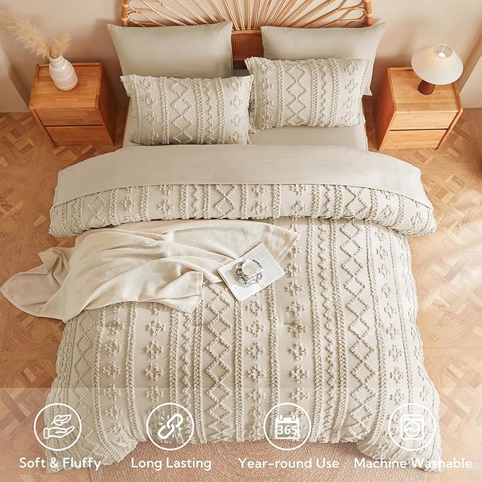 MR&HM Tufted Boho Comforter Set Full Size, Linen Farmhouse Bedding Set, Bed in a Bag Set 7 Pieces with 1 Comforter, 2 Pillow Shams, 2 Pillowcases, 1 Flat Sheet, 1 Fitted Sheet for All Seasons