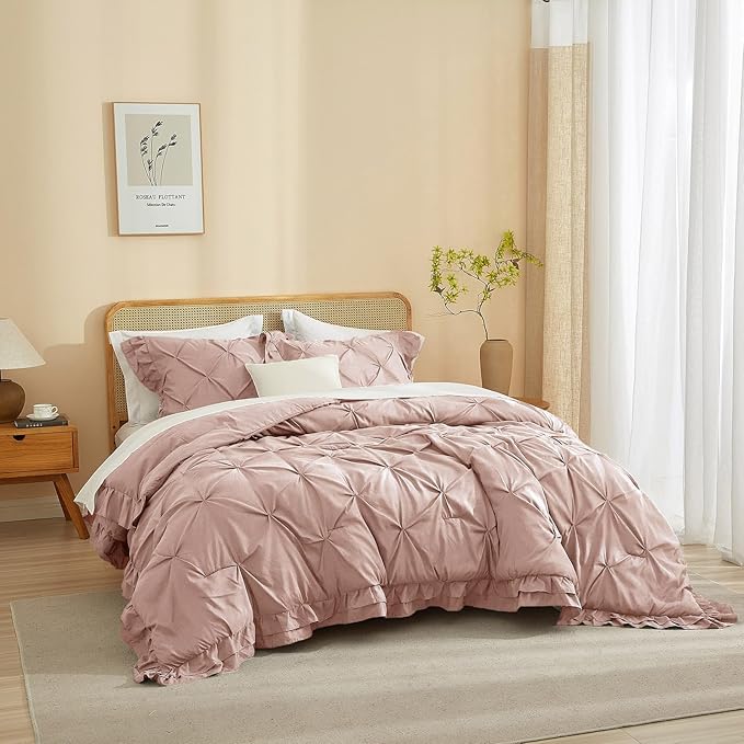 Ultra Soft 3 Pieces Ruffled Comforter Set, 68x90 Fluffy Lightweight Bedding Set with 2 Pillowcases Blush Pink Alternative Solid Comforter Set Gifts for Girls, Men, Twin XL