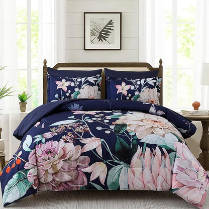 Drucon Navy Blue Comforter Set King Size - 7 Pieces Floral Bedding Sets, Soft Botanical Flowers Comforter Bed in a Bag with Sheets, Pillowcases & Shams