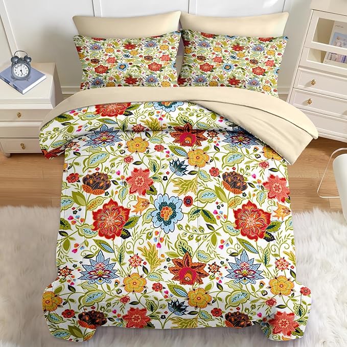 Nesker 5 Pcs Spring Comforter Set Twin Size, Floral Boho Bedding Set for Kids and Adults, Vibrant Leaves Bed Sheet Sets with Fitted Sheet Pillowcase & Sham