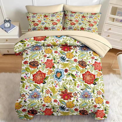 Nesker 7 Pcs Spring Comforter Set King Size, Floral Boho Bedding Set for Kids and Adults, Vibrant Leaves Bed Sheet Sets with Fitted Sheet 2 Pillowcases & 2 Shams