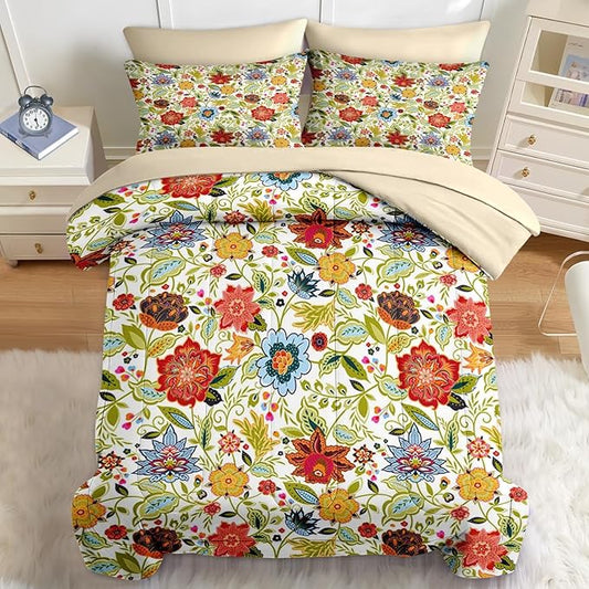 Nesker 7 Pcs Spring Comforter Set King Size, Floral Boho Bedding Set for Kids and Adults, Vibrant Leaves Bed Sheet Sets with Fitted Sheet 2 Pillowcases & 2 Shams