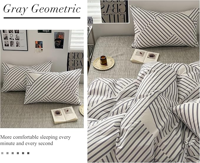 VM VOUGEMARKET Gray Striped Comforter Set Queen,Teen Boys Geometric Bedding Set,3 Pieces Instagram Style Simple Modern Comforter with 2 Pillowcases