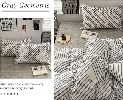 VM VOUGEMARKET Gray Striped Comforter Set Queen,Teen Boys Geometric Bedding Set,3 Pieces Instagram Style Simple Modern Comforter with 2 Pillowcases