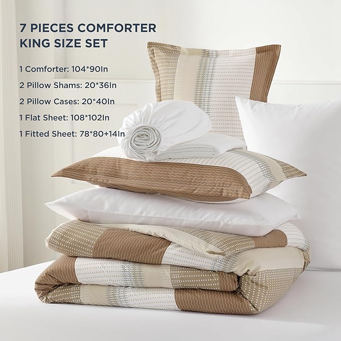 Andency King Size Comforter Set Taupe - 7 Pieces Striped Lightweight Bed in a Bag, Soft Microfiber Reversible Bedding Set with Comforter, Fitted & Flat Sheet, Pillowcases & Shams