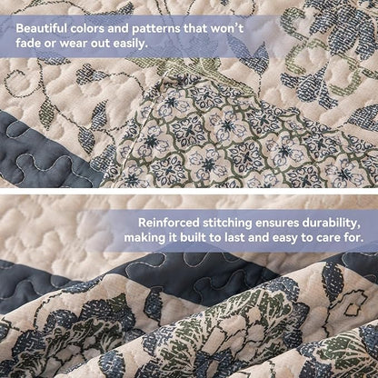 Bohemian Queen Size Quilt Comforter Sets 3 Pieces Quilts (1 Quilt, 2 Pillow Shams) Nordic Bedding Set Printed Coverlet with Pillowcase Lightweight Bedspread Set for All Seasons(Dark Blue)