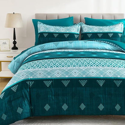 Xruibed Teal King Comforter Set 7 Pieces, Boho Striped Bed in a Bag King Size Soft Microfiber All Season Bedding Set with Comforter, Sheets, Pillowcases & Shams(104"×90")