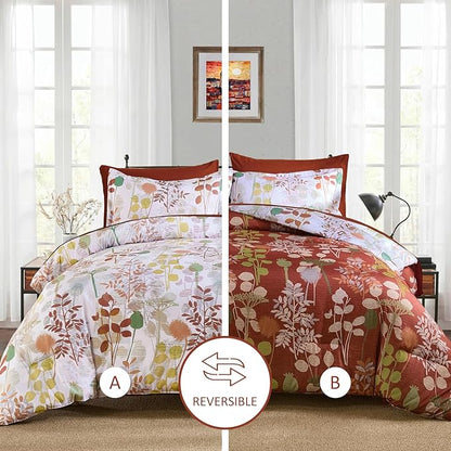 Anibedding 7Pieces Queen Comforter Set, Brown Botanical Bed in a Bag Complete Set with Sheet Pillowcase for Bedroom All Season