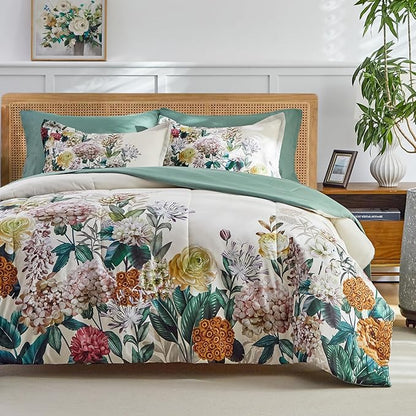 Joyreap Bed in a Bag King, 7 Piece Floral Comforter Sheet Set, Flowers on Light Khaki Floral Design, All Season Microfiber Bedding Comforter Set