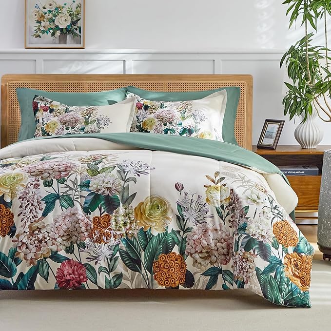 Joyreap Bed in a Bag Twin, 6 Piece Floral Comforter Sheet Set, Flowers on Light Khaki Floral Design, All Season Microfiber Bedding Comforter Set