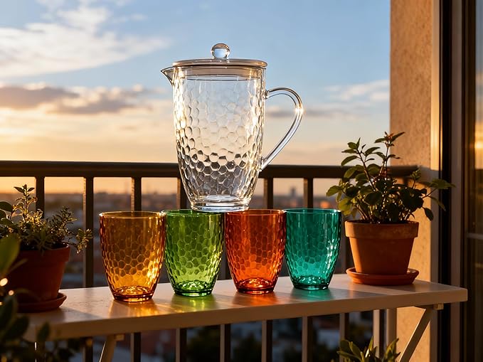 Pitcher with Lid and 4 Tumblers Set, 92oz Plastic Water Jug, BPA-Free Beverage Pitcher for Fridge, Large Drink Carafe for Party, Juice, Ice Tea, Sangria, Lemonade, (Set of 5 in Gift Box)