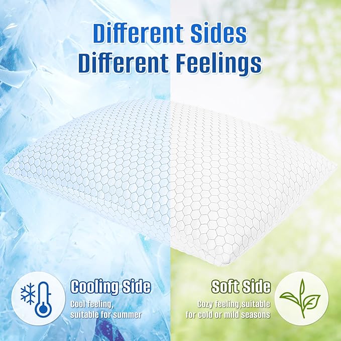 Shredded Memory Foam Pillow for Sleeping, Cooling Bed Pillows Set of 2, Adjustable Pillows for Side, Back, Stomach Sleepers with Washable Pillowcase (Standard Size, Grey)