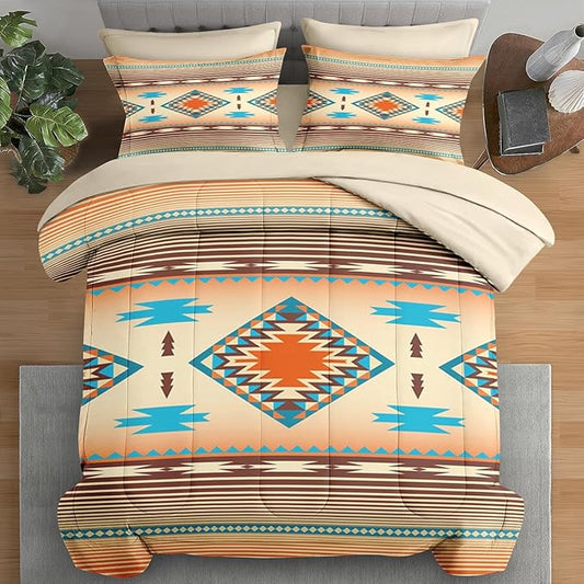 Comforter Set Full Size, Southwest Western Geometric 7 Pcs Bedding for Kids and Adults, Mexico Stripe Turquoise Bed Sheet Sets with Fitted Sheet 2 Pillowcases & 2 Shams