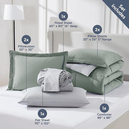 Nestl 7 Piece Queen Comforter Set – Sage Green Reversible Bed in a Bag – Complete Queen Size Bedding Set with Sheets, Pillowcases and Shams