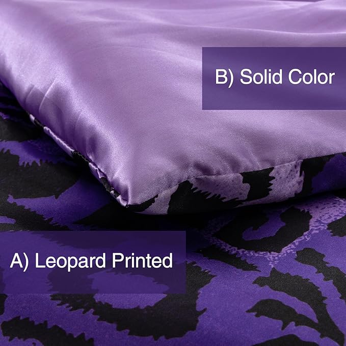 A Nice Night Leopard Printed,Silver Grey Satin Silky Soft Quilt Sexy Luxury Super Soft Microfiber Comforter Quilt Bedding 5PCS Comforter Set, Light Weighted (Purple, Queen(88-by-88-inches))