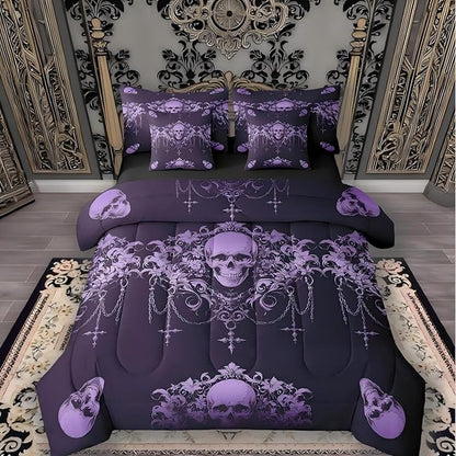 Erosebridal Gothic Bed in a Bag King Size Comforter Set 7 Pieces,Goth Sugar Skull Purple Damask Bedding Set,Bohemian Vintage Floral Comforter and Sheet Set,Exotic Antique Victorian Baroque Decor