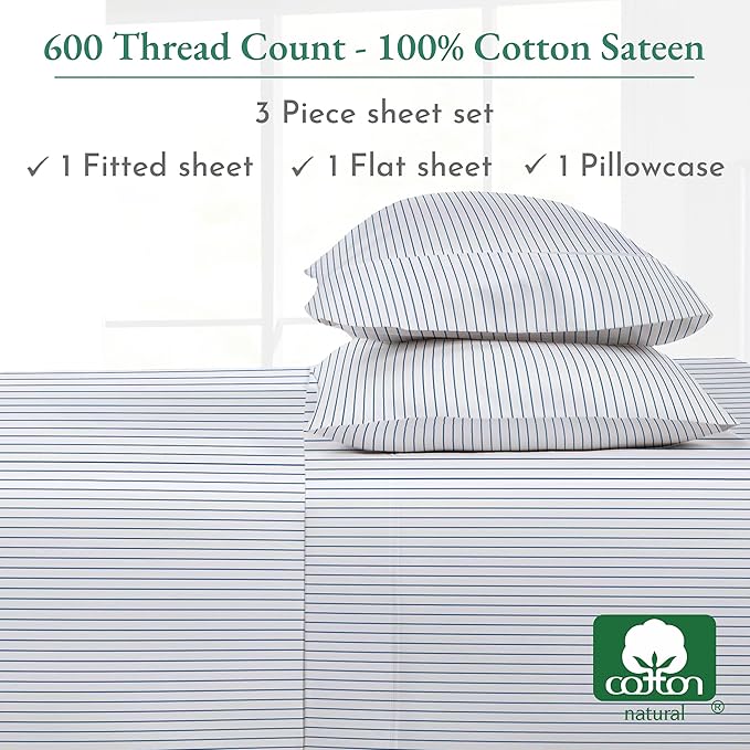 California Design Den Printed Striped Twin XL Sheets Set - 600 Thread Count, 100% Cotton Sateen, Premium Deep Pocket Extra Long Twin Sheets - Classic Blue Stripe Print