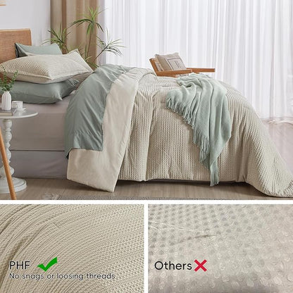 PHF Soft Waffle Comforter Set Twin Size- Comfy Breathable Waffle Weave Comforter with 1 Pillow Shams, 2 Pieces Less Snagging Lightweight Textured Bedding Set for All Season, Natural/Linen