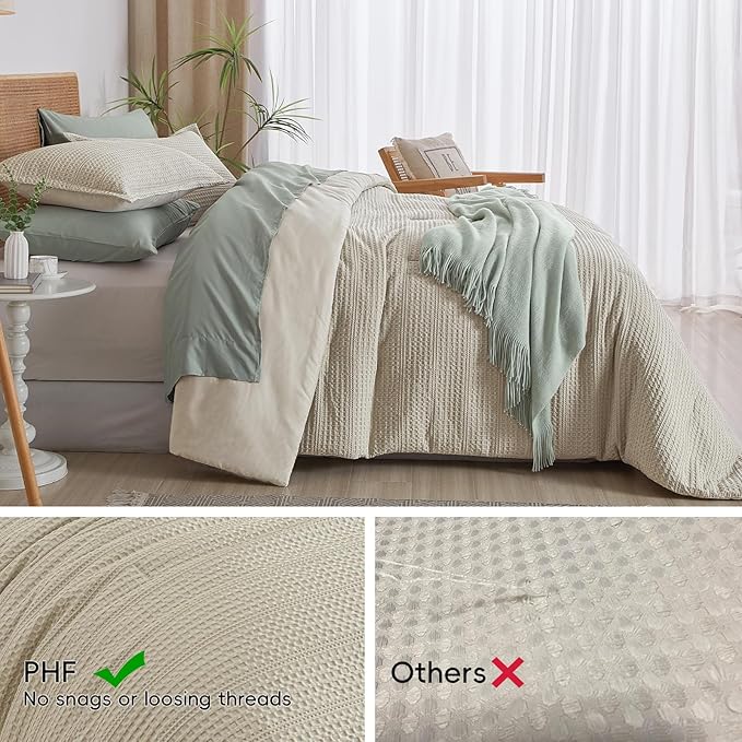 PHF Soft Waffle Comforter Set Queen Size- Comfy Breathable Waffle Weave Comforter with 2 Pillow Shams, 3 Pieces Less Snagging Lightweight Textured Bedding Set for All Season, Natural/Linen