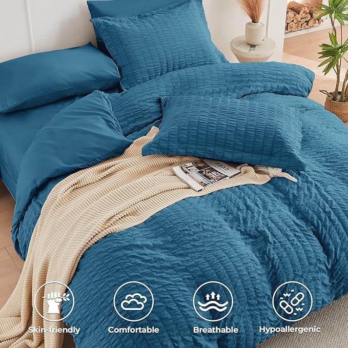 HYMOKEGE Teal Twin Comforter Set Seersucker 5 Pieces, All Season Luxury Bed in a Bag for Bedroom, Bedding Set with Comforters, Sheets, Pillowcase & Sham