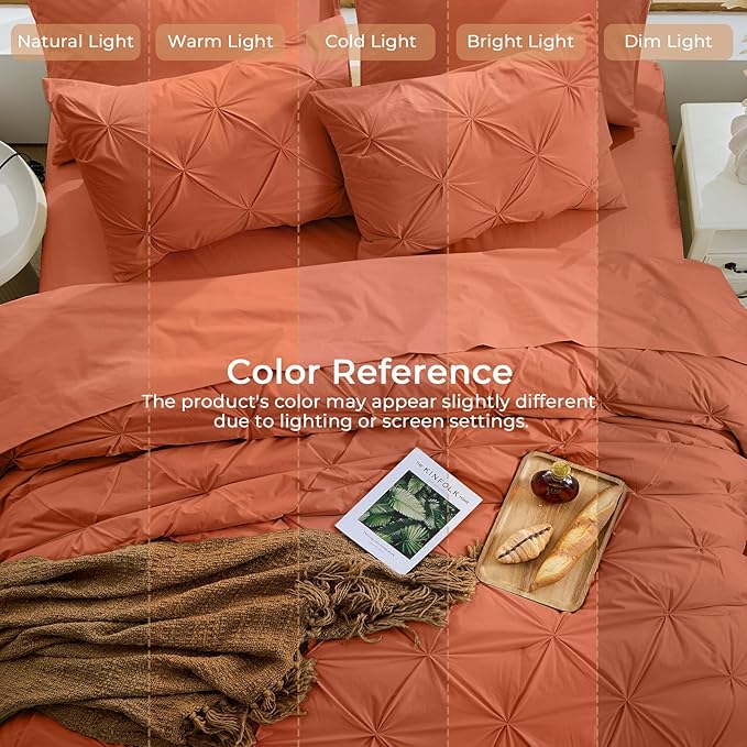 Sasttie Queen Comforter Set, 7-Piece Bed in a Bag, Pintuck Bedding Sets for All Season, Includes Comforter, Flat Sheet, Fitted Sheet, Pillowcases and Pillowshams, Burnt Orange
