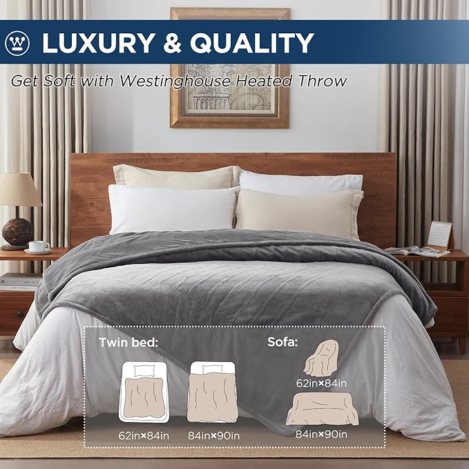 Westinghouse Electric Blanket Full Size, Super Cozy Soft Flannel 80"" x 84"" Heated Blanket with 10 Fast Heating Levels & 1-12 Auto-Off, Machine Washable, ETL&FCC Certification, Light Grey