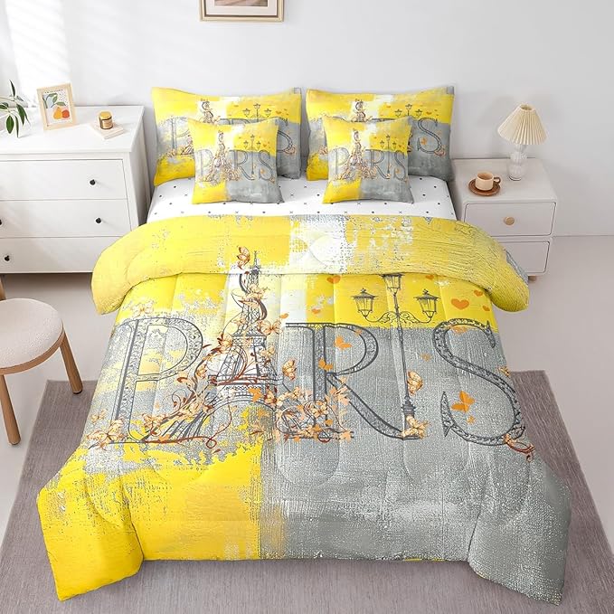 Erosebridal Paris Print Bedding Comforter Sets 7 Pieces Yellow Grey Bedding Set, Abstract Full Size Comforter Set (1 Comforter, 1 Fitted Sheet, 1 Flag Sheet, 2 Pillowcases, 2 Throw Pillow Covers)
