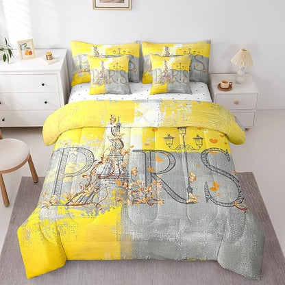 Erosebridal Paris Print Bedding Comforter Sets 7 Pieces Yellow Grey Bedding Set, Abstract Full Size Comforter Set (1 Comforter, 1 Fitted Sheet, 1 Flag Sheet, 2 Pillowcases, 2 Throw Pillow Covers)