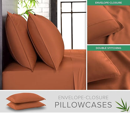 Pure Bamboo Split King Sheets, Genuine 100% Organic Viscose Derived from Bamboo Bed Sheet Set, Soft & Cooling, Double Stitching, 2 Fitted Sheets (Split King, Terracotta)