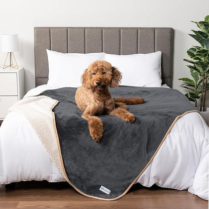 PetAmi Waterproof Dog Blanket for Extra Large Dogs, Pee Proof Pet Blanket for Bed Couch, Reversible Water Proof Blanket for Puppy Indoor Cat, Soft Dog Crate Cover Washable, Queen 90x90 Gray/Beige