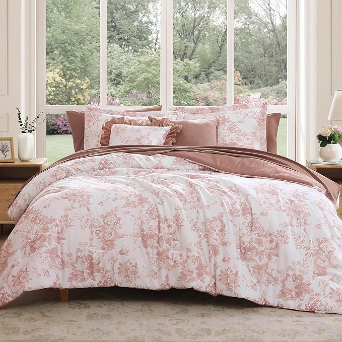 Oversized King Comforter Set -7 Pieces Floral Rose Bedding Set for All Seasons, Bed in a Bag with Botanical Flowers Comforter, Sheets, Pillowcases & Shams