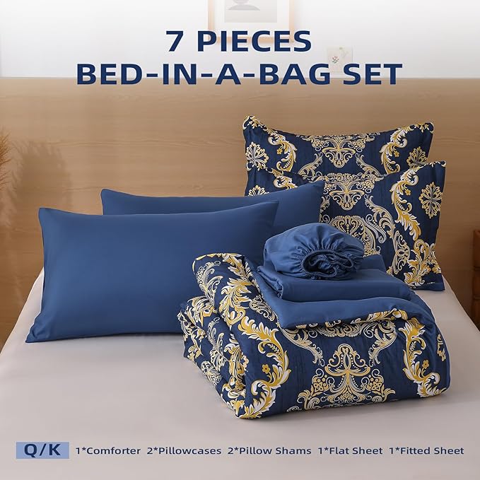 WONGS BEDDING Blue Gold Comforter Set Queen Size,Damask Texture 7 Pieces Bed in a Bag Microfiber Comforter Bedding Sets -1 Comforter, 1 Flat Sheet, 1 Fitted Sheet, 2 Pillow Shams, 2 Pillowcases