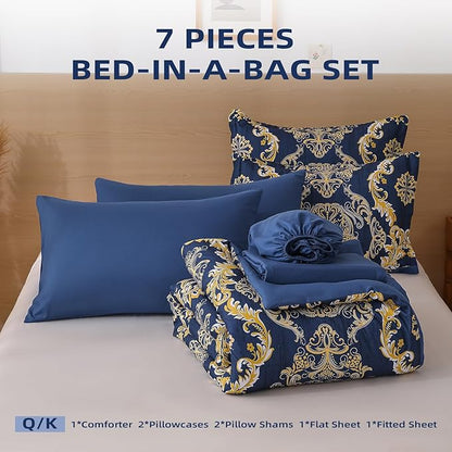 WONGS BEDDING Blue Gold Comforter Set Queen Size,Damask Texture 7 Pieces Bed in a Bag Microfiber Comforter Bedding Sets -1 Comforter, 1 Flat Sheet, 1 Fitted Sheet, 2 Pillow Shams, 2 Pillowcases