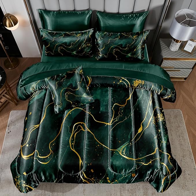 Green Marble Comforter Sets Queen Silky Satin Bedding Emerald Green Gold Marble Stone Texture Silk Like Abstract Bed in A Bag with Comforter and Sheet Set