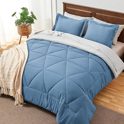 BEDELITE Full Comforter Set 7 Pieces Bed in A Bag - Soft Microfiber Reversible Blue Bed Set with Comforters, Sheets, Pillowcases & Shams, Cozy Luxury Bedding Sets for All Season