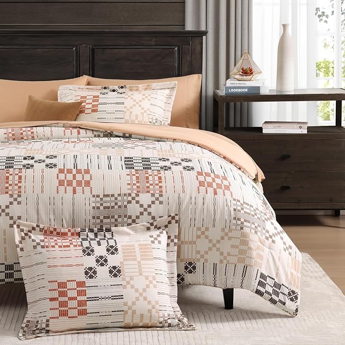 MaiRêve Plaid Twin XL Comforter Set, Farmhouse Bedding Sets for Boys Girls Teen 5 Pieces, Beige All Season Bed in A Bag for Dorm with Sheets, Pillowcase & Sham